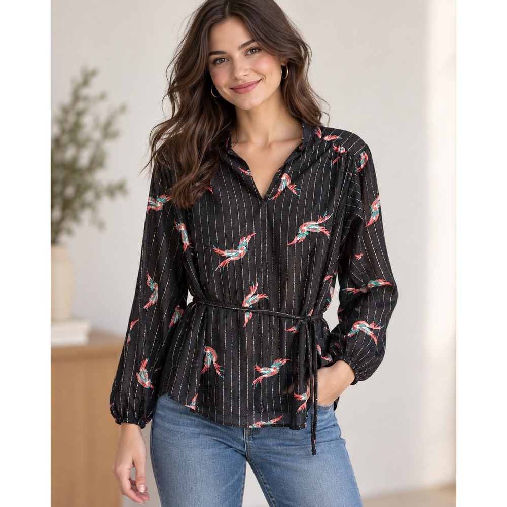 Vintage Sears Bird Print Top 80s Boho Y3K Metallic Pinstripe Disco Glam L Artsy